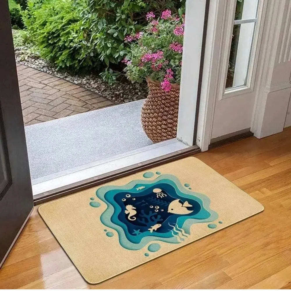 Ocean Navy Blue Indoor Outdoor Mats 17”x 30” Linen Rubber Eco-Friendly nonslip
